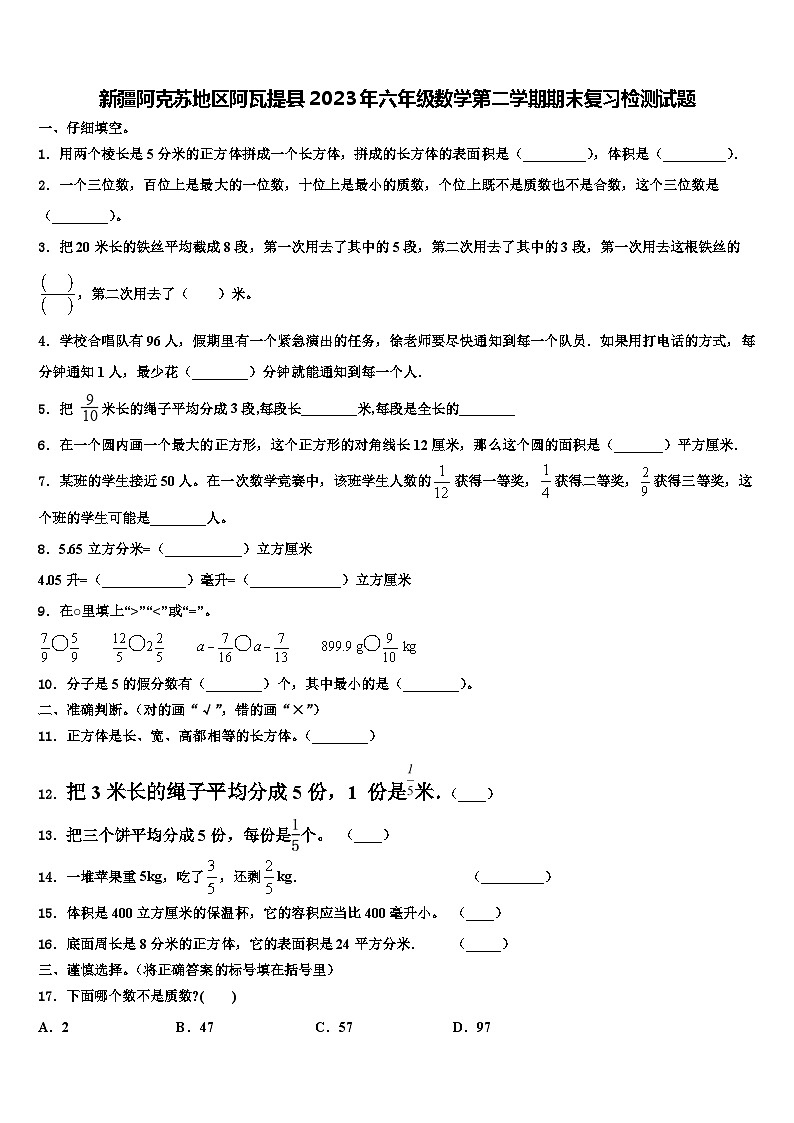 新疆阿克苏地区阿瓦提县2023年六年级数学第二学期期末复习检测试题含解析第1页