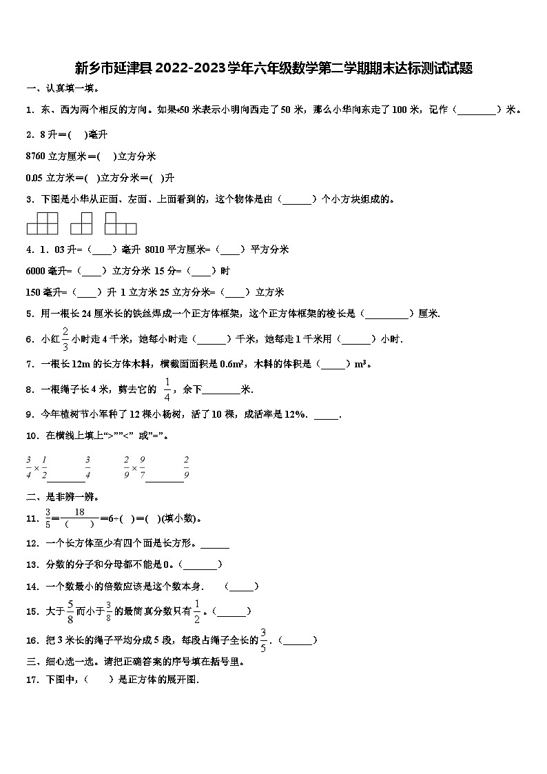 新乡市延津县2022-2023学年六年级数学第二学期期末达标测试试题含解析第1页