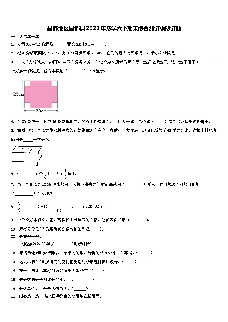 昌都地区昌都县2023年数学六下期末综合测试模拟试题含解析第1页