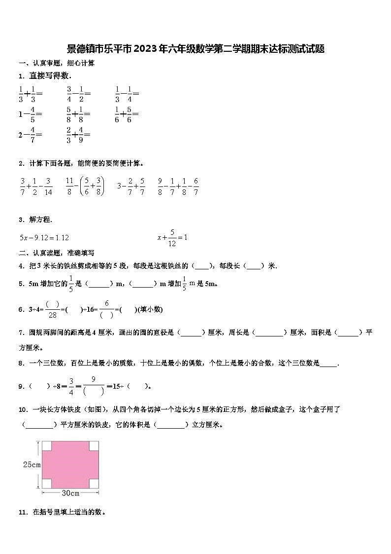 景德镇市乐平市2023年六年级数学第二学期期末达标测试试题含解析第1页