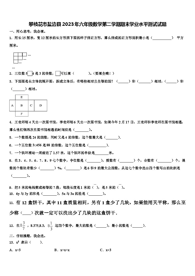 攀枝花市盐边县2023年六年级数学第二学期期末学业水平测试试题含解析第1页