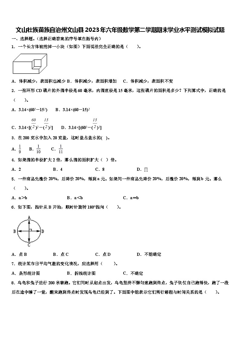 文山壮族苗族自治州文山县2023年六年级数学第二学期期末学业水平测试模拟试题含解析第1页