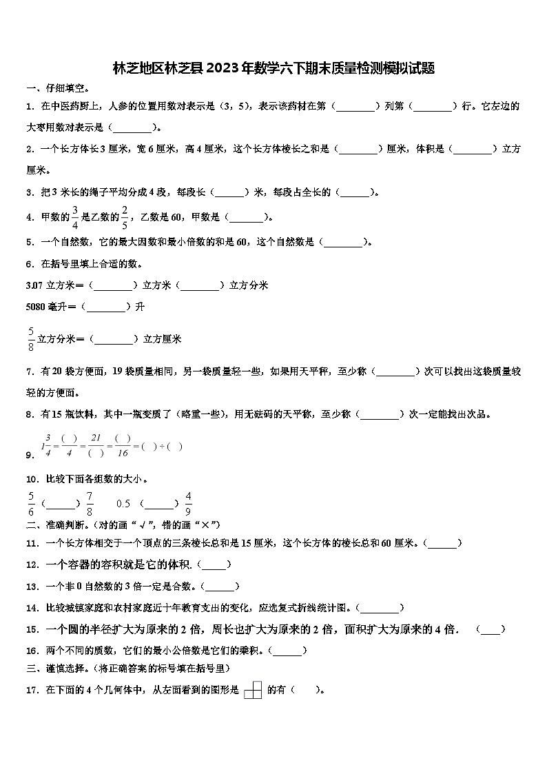 林芝地区林芝县2023年数学六下期末质量检测模拟试题含解析01