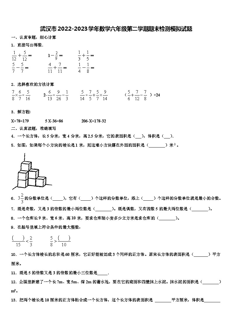 武汉市2022-2023学年数学六年级第二学期期末检测模拟试题含解析第1页