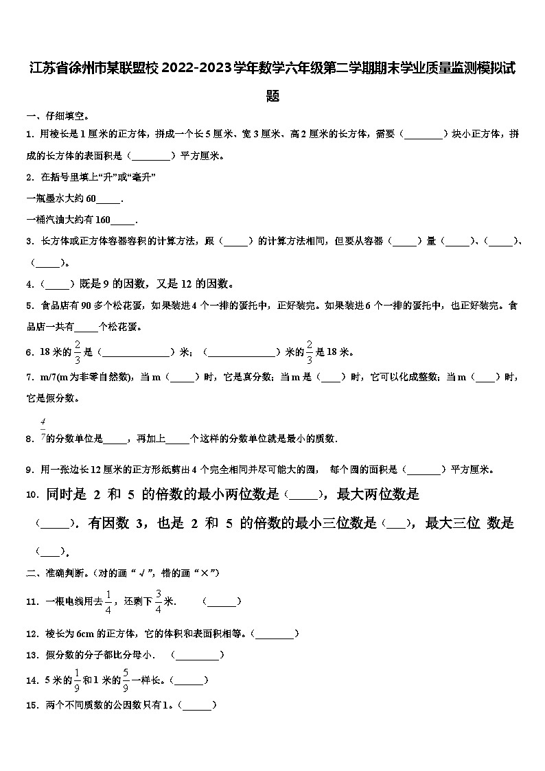 江苏省徐州市某联盟校2022-2023学年数学六年级第二学期期末学业质量监测模拟试题含解析01