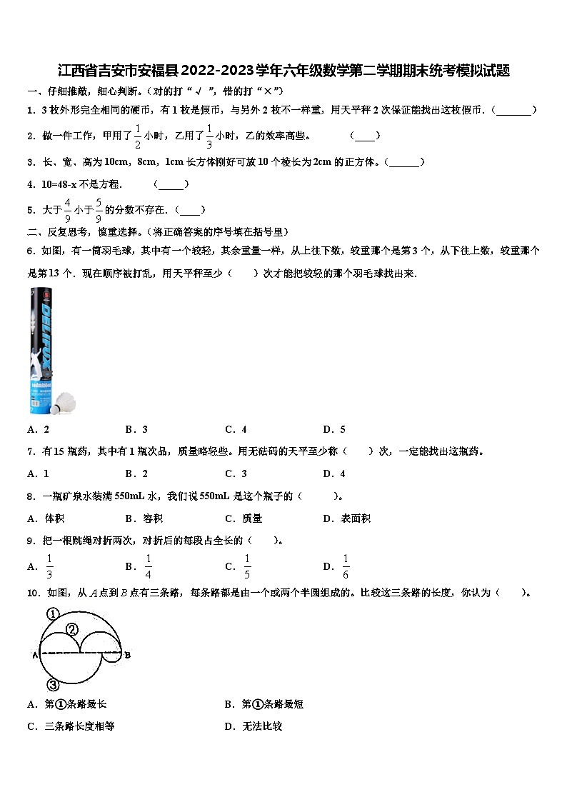 江西省吉安市安福县2022-2023学年六年级数学第二学期期末统考模拟试题含解析01