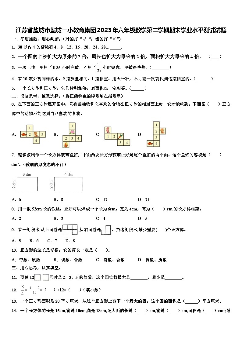 江苏省盐城市盐城一小教育集团2023年六年级数学第二学期期末学业水平测试试题含解析第1页