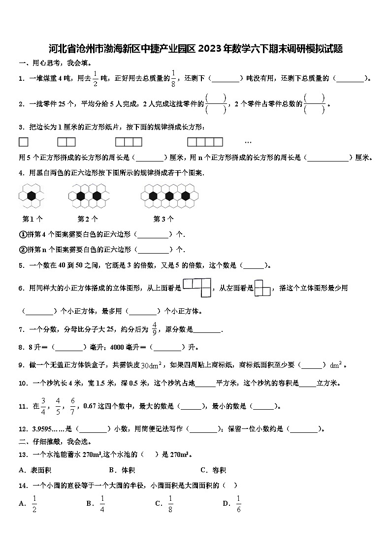 河北省沧州市渤海新区中捷产业园区2023年数学六下期末调研模拟试题含解析第1页