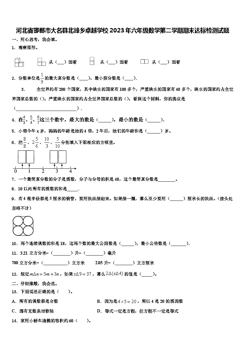 河北省邯郸市大名县北峰乡卓越学校2023年六年级数学第二学期期末达标检测试题含解析01