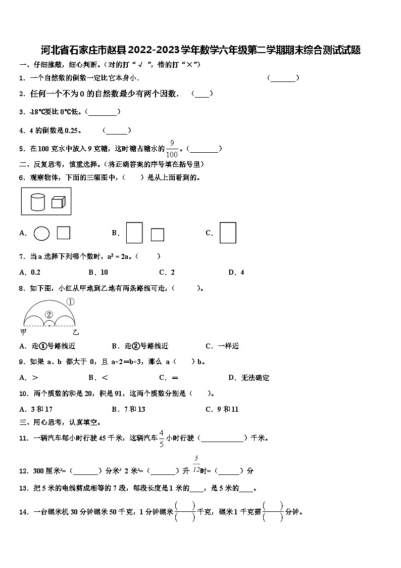河北省石家庄市赵县2022-2023学年数学六年级第二学期期末综合测试试题含解析01
