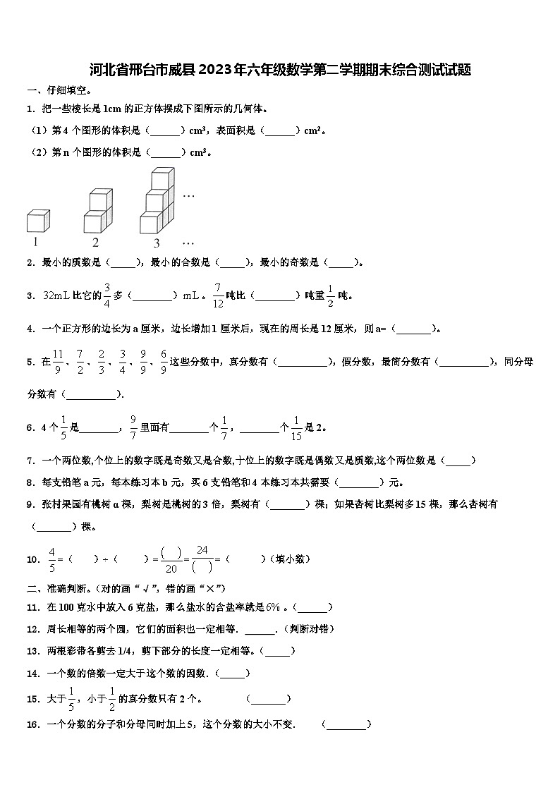 河北省邢台市威县2023年六年级数学第二学期期末综合测试试题含解析第1页