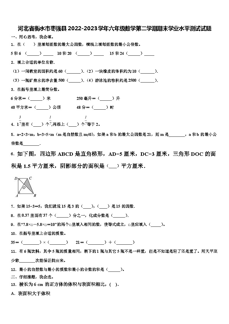 河北省衡水市枣强县2022-2023学年六年级数学第二学期期末学业水平测试试题含解析第1页