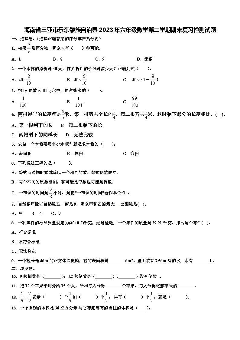 海南省三亚市乐东黎族自治县2023年六年级数学第二学期期末复习检测试题含解析01