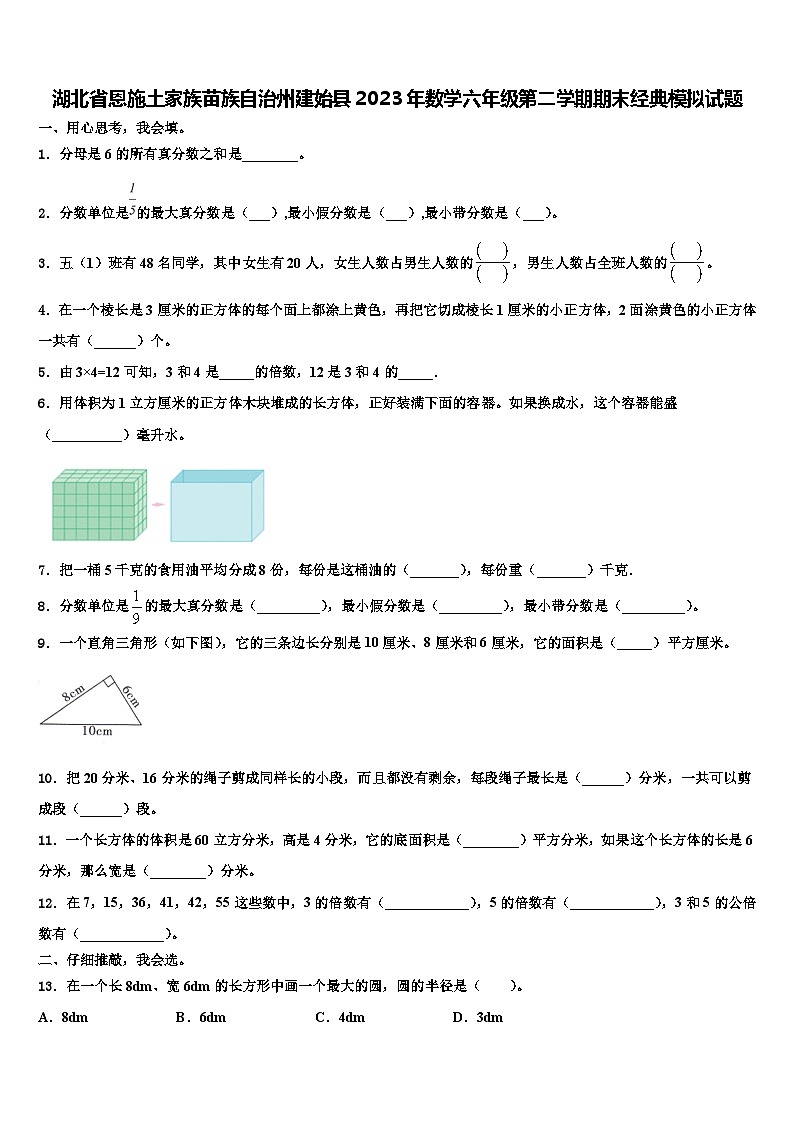 湖北省恩施土家族苗族自治州建始县2023年数学六年级第二学期期末经典模拟试题含解析第1页