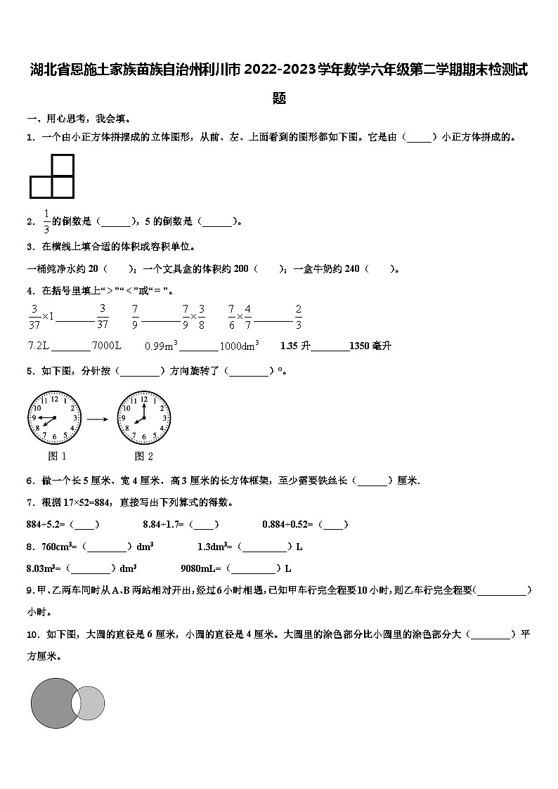 湖北省恩施土家族苗族自治州利川市2022-2023学年数学六年级第二学期期末检测试题含解析第1页