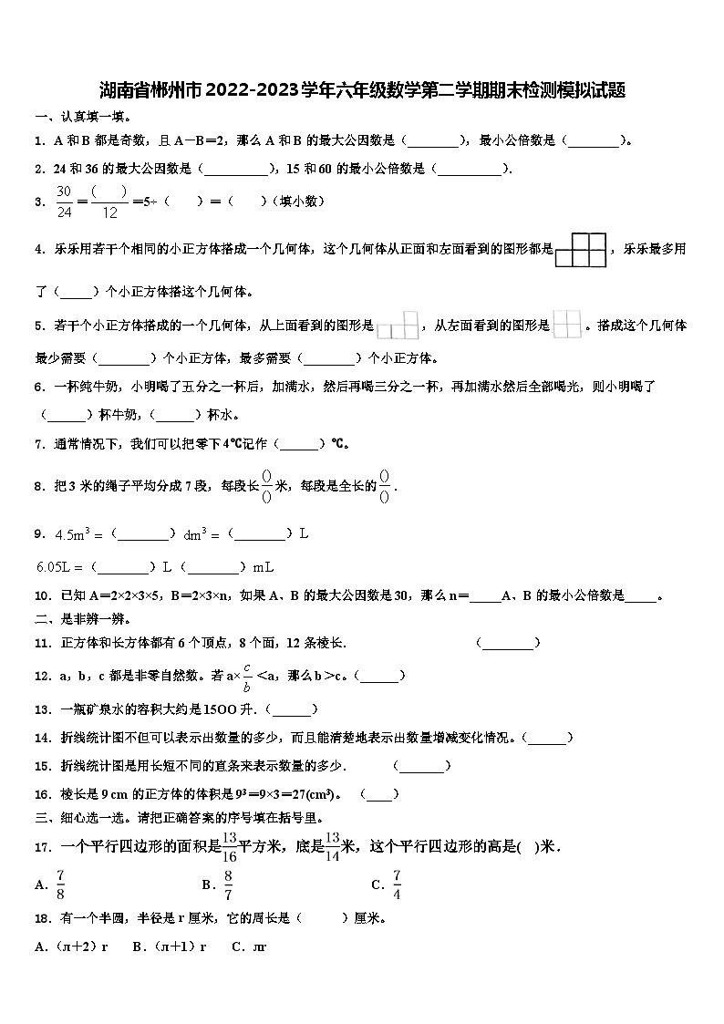 湖南省郴州市2022-2023学年六年级数学第二学期期末检测模拟试题含解析第1页