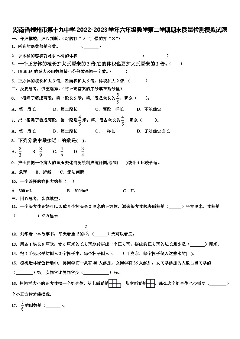 湖南省郴州市第十九中学2022-2023学年六年级数学第二学期期末质量检测模拟试题含解析第1页