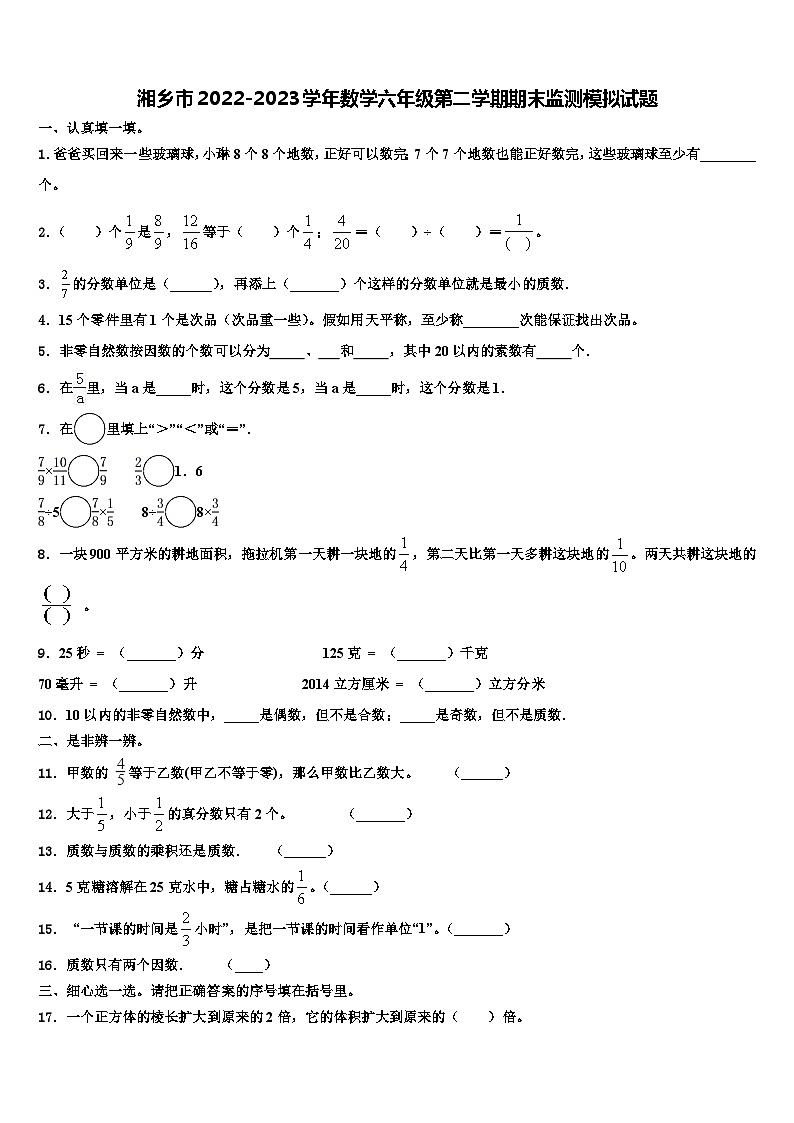 湘乡市2022-2023学年数学六年级第二学期期末监测模拟试题含解析第1页
