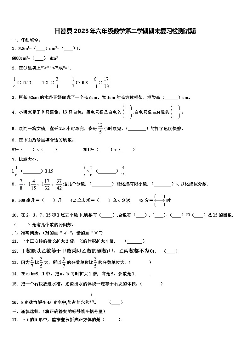甘德县2023年六年级数学第二学期期末复习检测试题含解析第1页