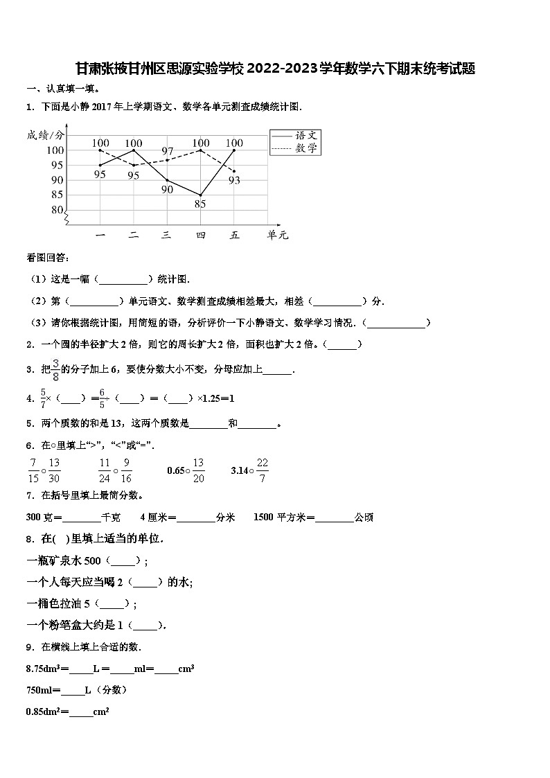 甘肃张掖甘州区思源实验学校2022-2023学年数学六下期末统考试题含解析第1页