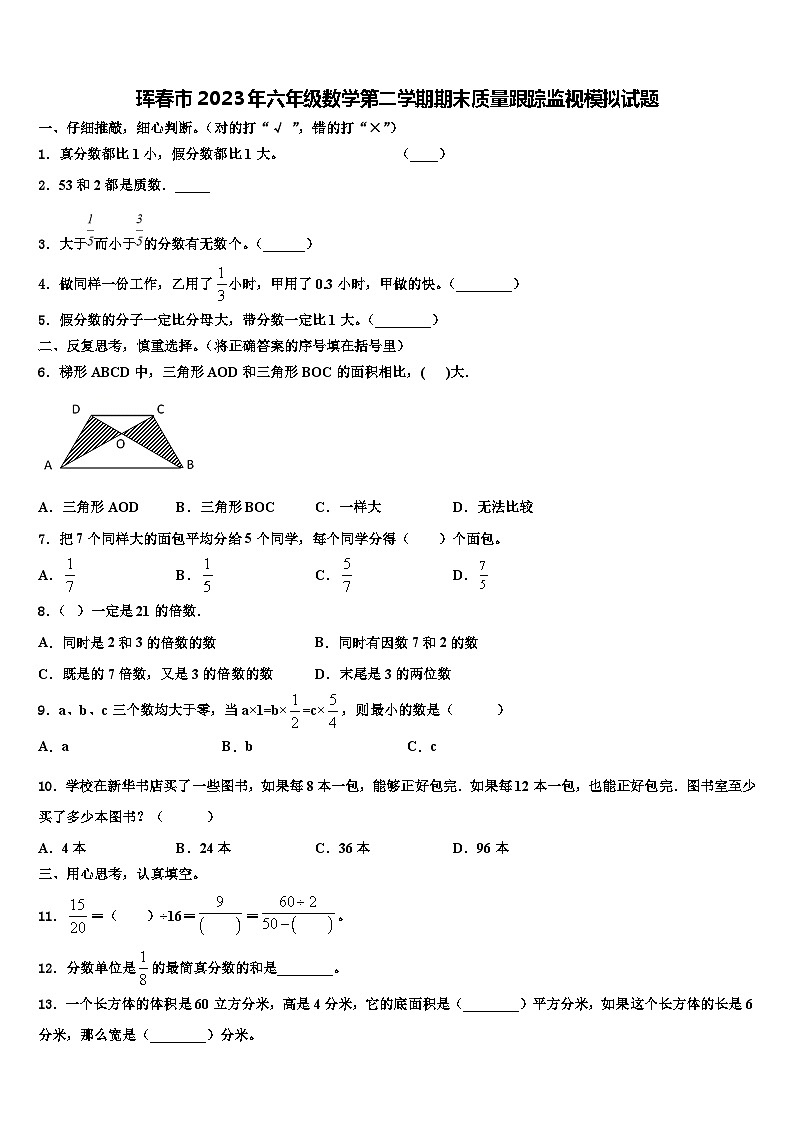 珲春市2023年六年级数学第二学期期末质量跟踪监视模拟试题含解析01