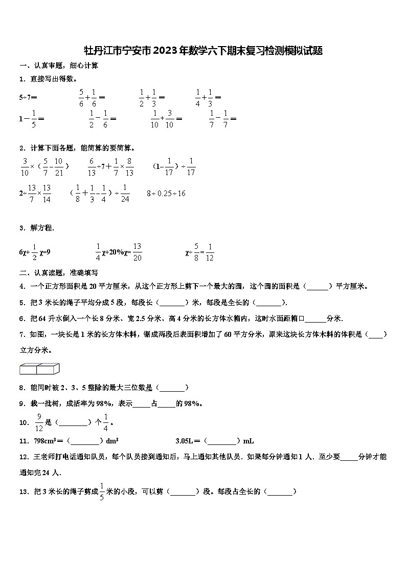 牡丹江市宁安市2023年数学六下期末复习检测模拟试题含解析01
