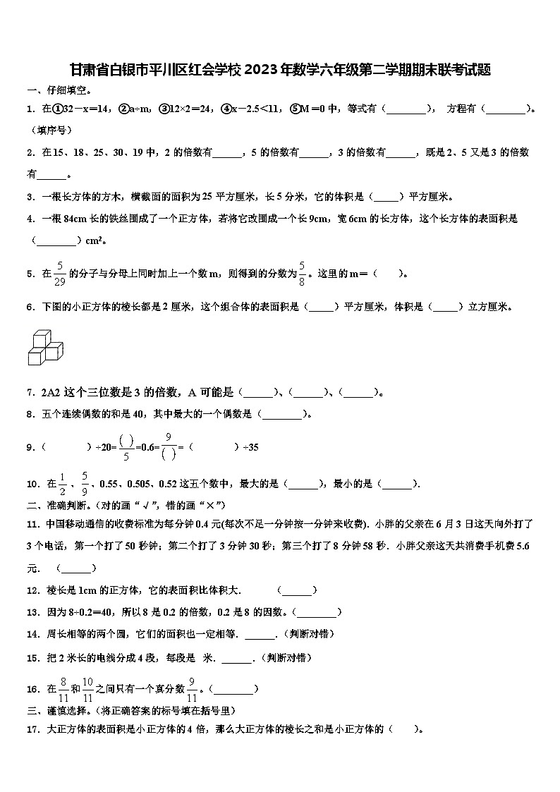甘肃省白银市平川区红会学校2023年数学六年级第二学期期末联考试题含解析第1页