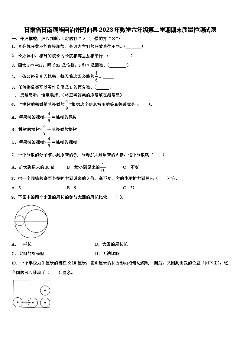甘肃省甘南藏族自治州玛曲县2023年数学六年级第二学期期末质量检测试题含解析第1页