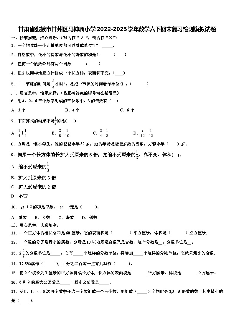 甘肃省张掖市甘州区马神庙小学2022-2023学年数学六下期末复习检测模拟试题含解析01