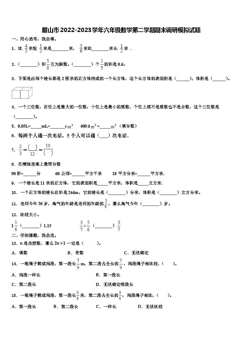 眉山市2022-2023学年六年级数学第二学期期末调研模拟试题含解析第1页