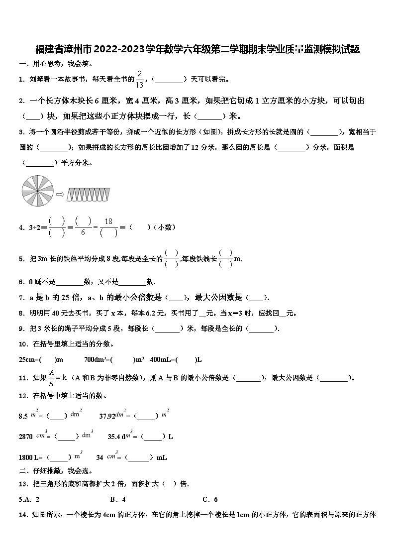 福建省漳州市2022-2023学年数学六年级第二学期期末学业质量监测模拟试题含解析第1页