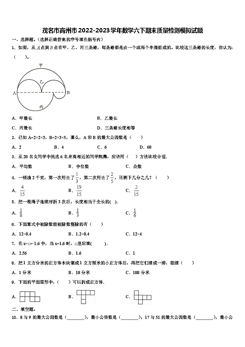 茂名市高州市2022-2023学年数学六下期末质量检测模拟试题含解析第1页