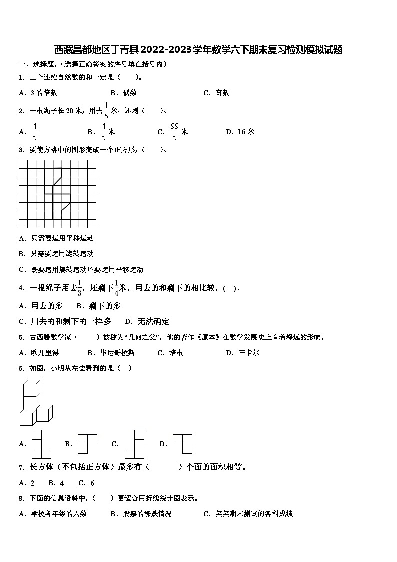 西藏昌都地区丁青县2022-2023学年数学六下期末复习检测模拟试题含解析第1页