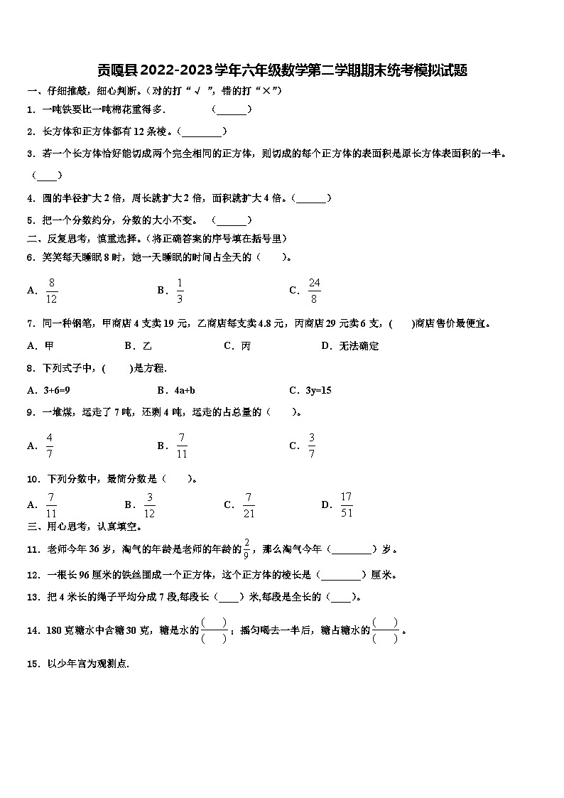贡嘎县2022-2023学年六年级数学第二学期期末统考模拟试题含解析01