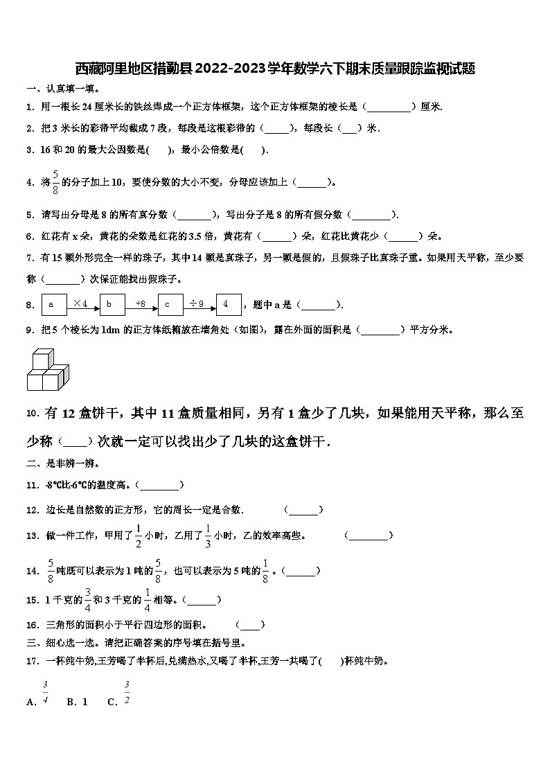 西藏阿里地区措勤县2022-2023学年数学六下期末质量跟踪监视试题含解析01