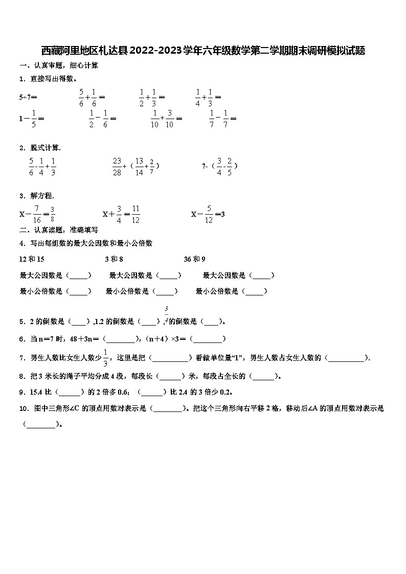 西藏阿里地区札达县2022-2023学年六年级数学第二学期期末调研模拟试题含解析01