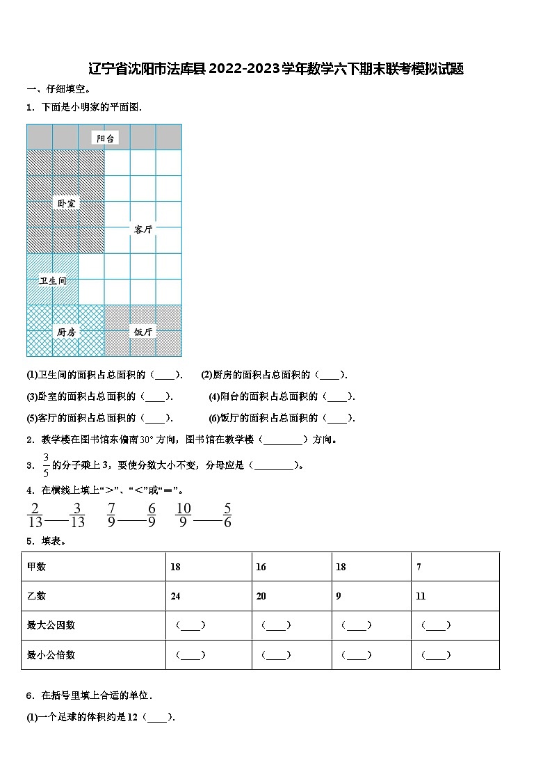 辽宁省沈阳市法库县2022-2023学年数学六下期末联考模拟试题含解析第1页