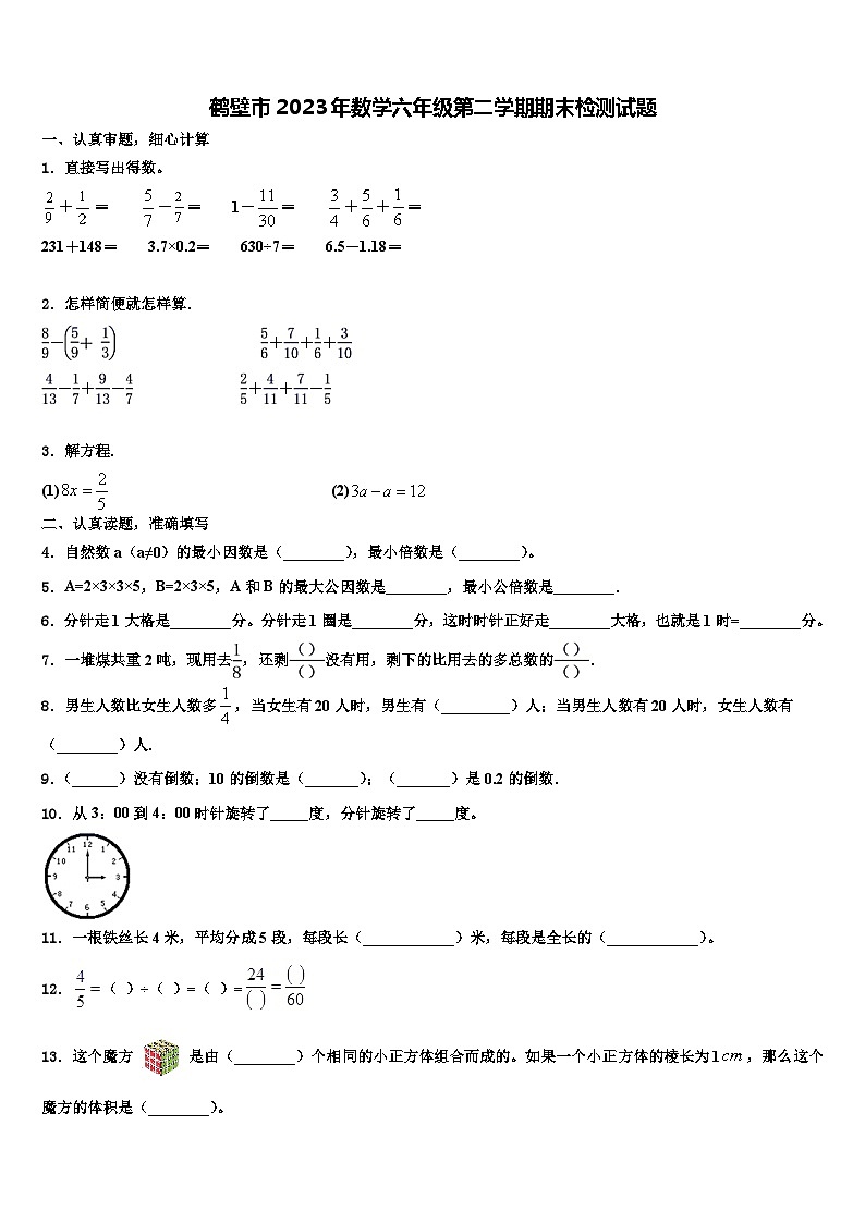 鹤壁市2023年数学六年级第二学期期末检测试题含解析第1页