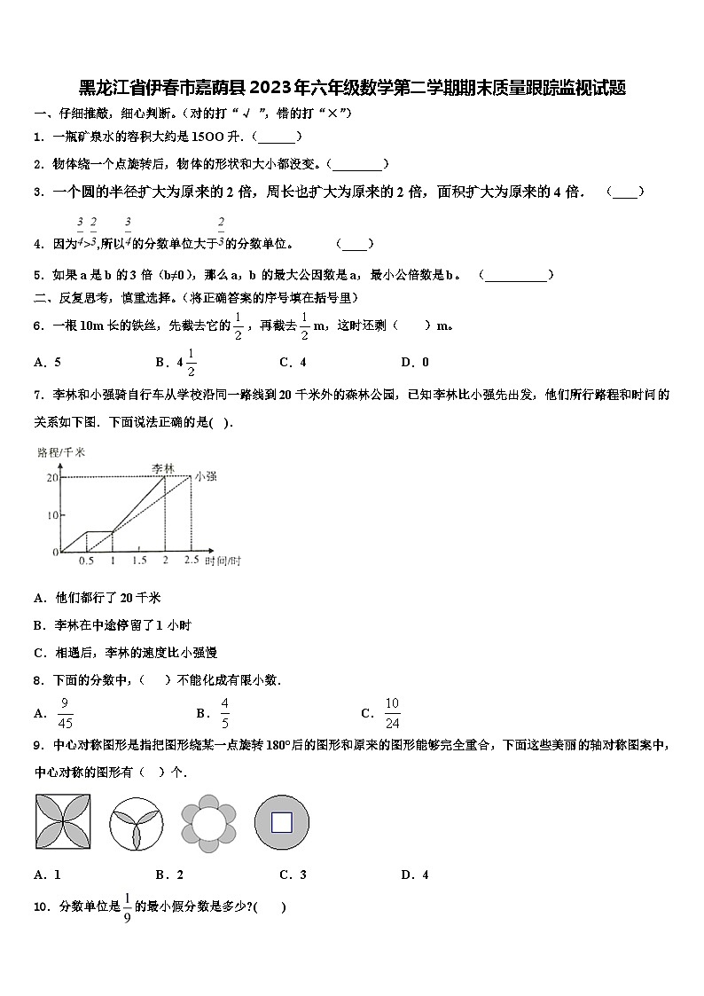 黑龙江省伊春市嘉荫县2023年六年级数学第二学期期末质量跟踪监视试题含解析第1页