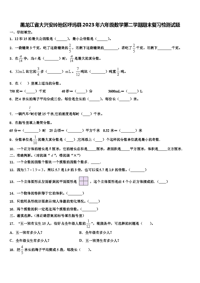 黑龙江省大兴安岭地区呼玛县2023年六年级数学第二学期期末复习检测试题含解析第1页
