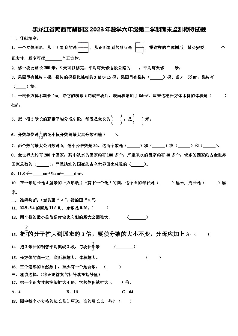 黑龙江省鸡西市梨树区2023年数学六年级第二学期期末监测模拟试题含解析01