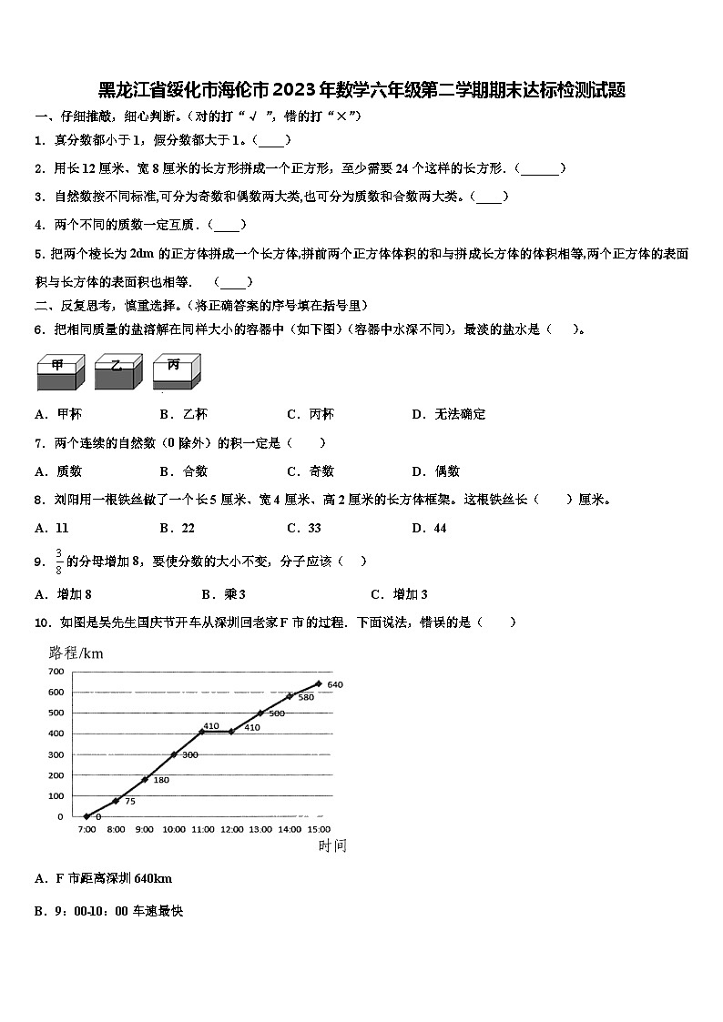 黑龙江省绥化市海伦市2023年数学六年级第二学期期末达标检测试题含解析01