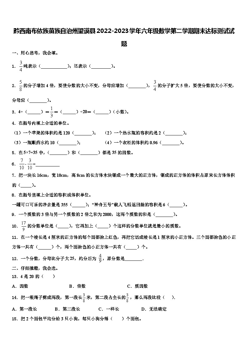 黔西南布依族苗族自治州望谟县2022-2023学年六年级数学第二学期期末达标测试试题含解析第1页