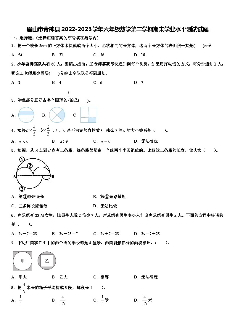 眉山市青神县2022-2023学年六年级数学第二学期期末学业水平测试试题含解析01