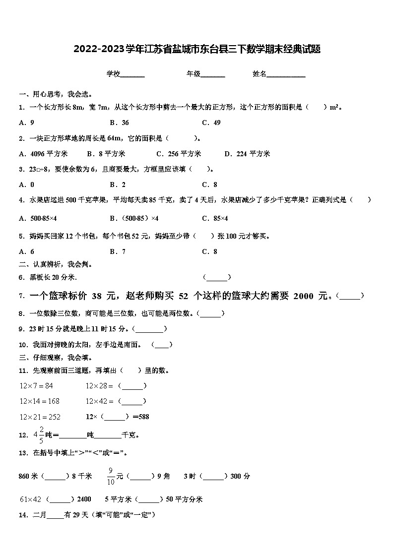 2022-2023学年江苏省盐城市东台县三下数学期末经典试题含解析第1页