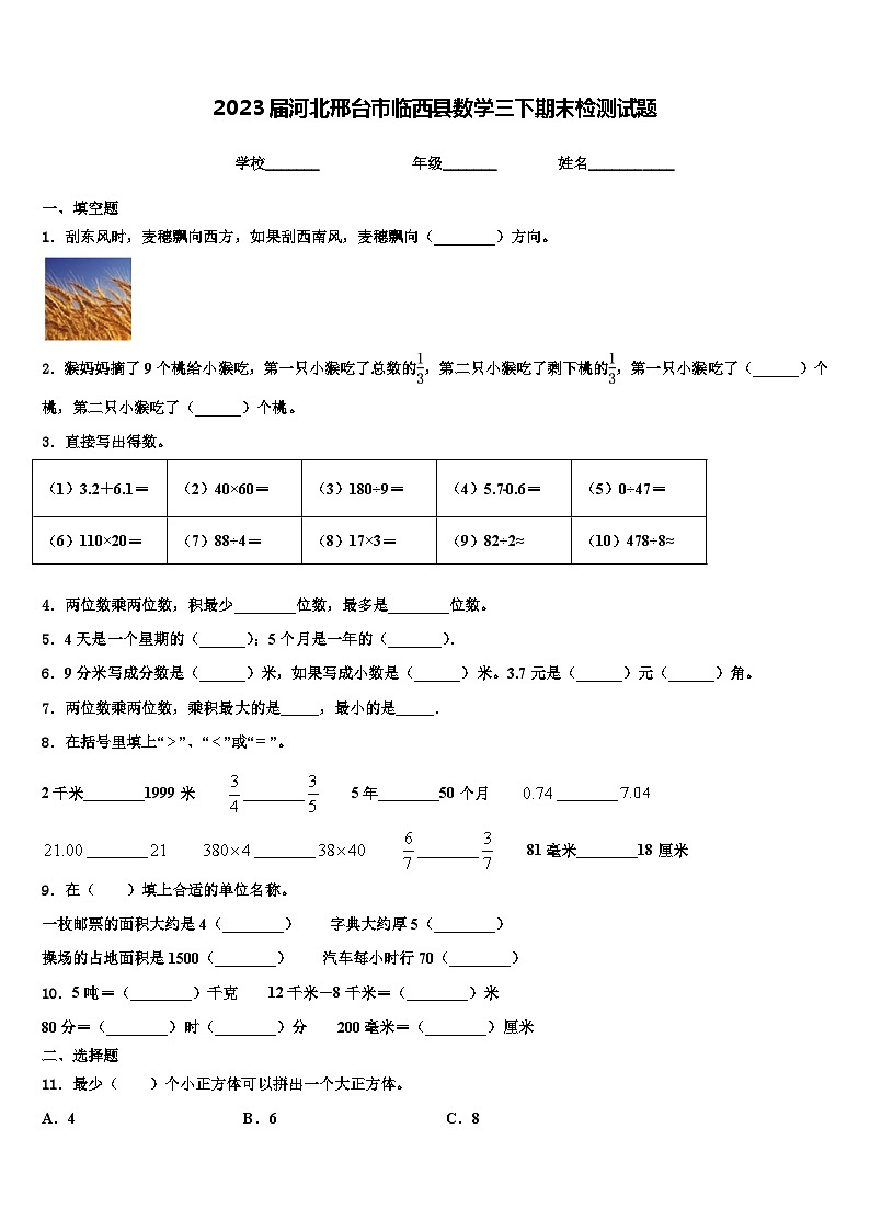 2023届河北邢台市临西县数学三下期末检测试题含解析第1页