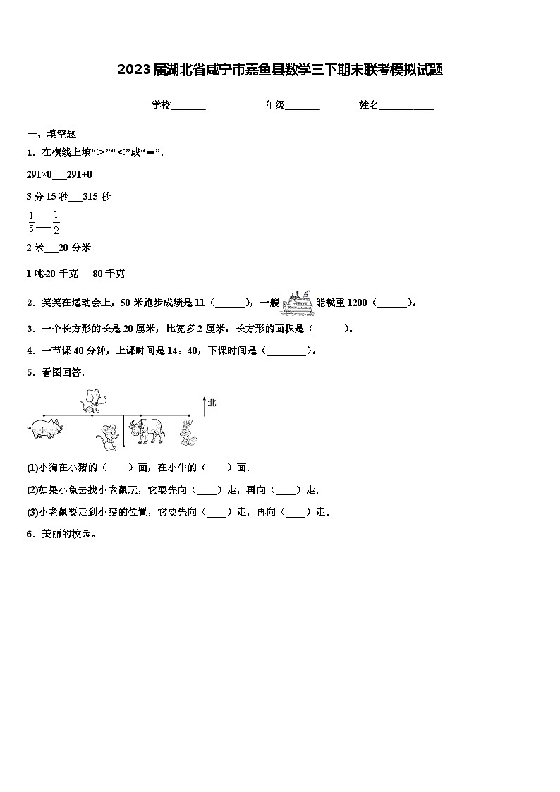 2023届湖北省咸宁市嘉鱼县数学三下期末联考模拟试题含解析01