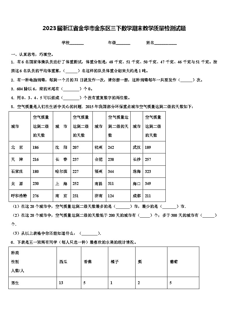 2023届浙江省金华市金东区三下数学期末教学质量检测试题含解析01