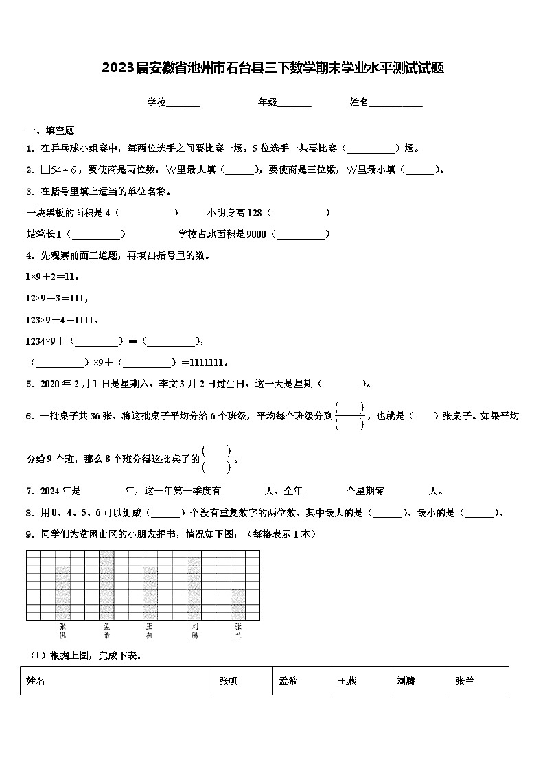 2023届安徽省池州市石台县三下数学期末学业水平测试试题含解析第1页