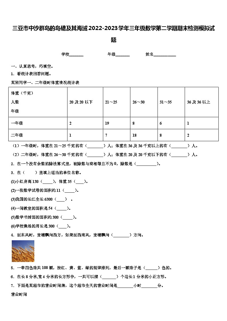 三亚市中沙群岛的岛礁及其海域2022-2023学年三年级数学第二学期期末检测模拟试题含解析第1页